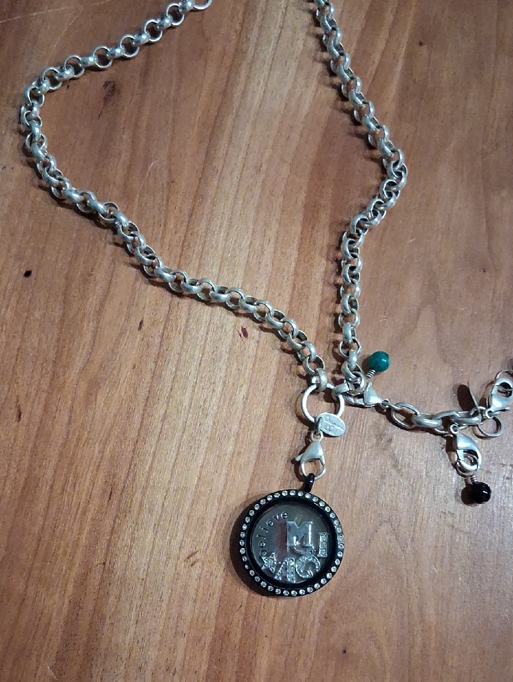 Origami Owl Silver-Tone Necklace with Black Trim and Green Accent Bead